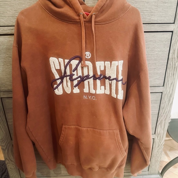 Supreme Men’s Brown Hoodie with tan and purple logos. Size L. - Picture 2 of 5